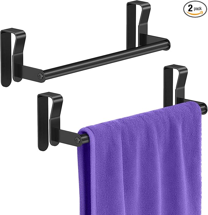 Over Cabinet Towel Holder, 2 Pack Kitchen Cabinet Door Towel Bar, Stainless Steel Over the Cabinet Dish Towel Rack for RV, Black