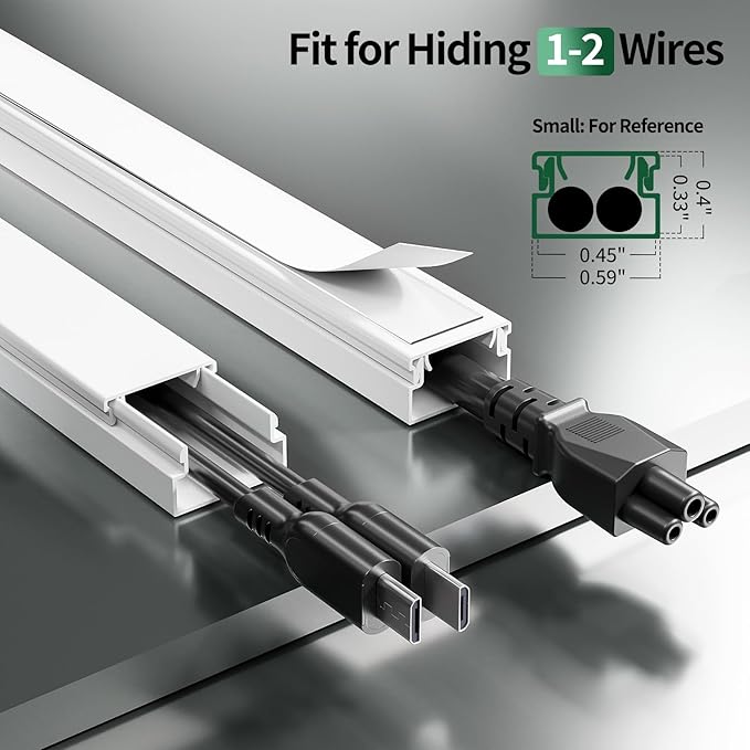 Cord Hider, 212.6in Cord Covers for 1-2 Wires on Wall, Paintable Wire Hider Wire Covers for Cords on Walls, Easy Set-up Cable Hider Cable Raceway to Hide Cords on Wall, W0.59 H0.4in, White