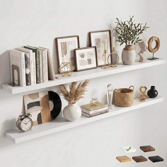Venusmiles Floating Shelves for Wall, 72 Inch Floating Shelves Set of 2, 6.5" D Wooden Wall Mounted Display Shelves with Invisible Brackets for Living Room, Bedroom, Bathroom, Kitchen Decor, White