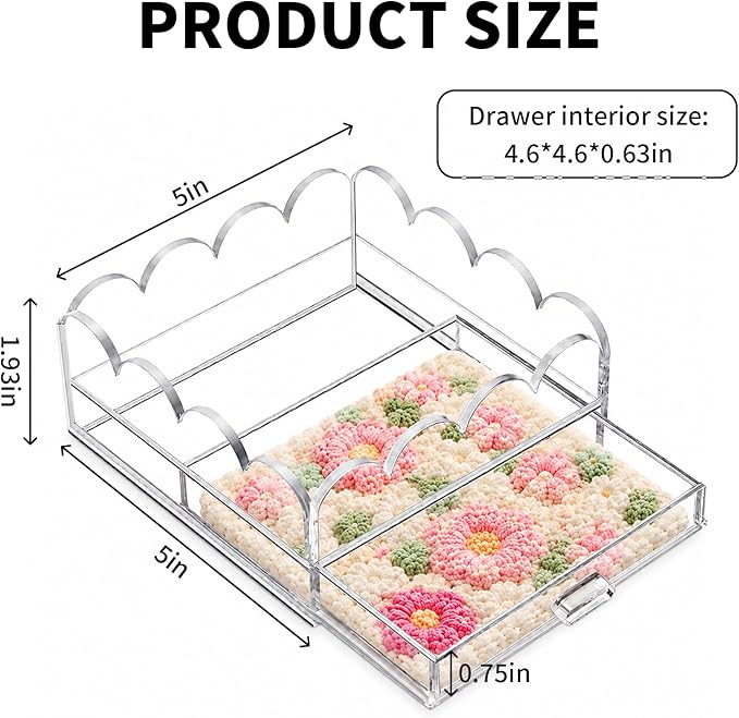 Scalloped Acrylic Tray, 5" x 5" Clear Acrylic Tray with Drawer for Needlepoint,Jewelry,Insert Photos, Art, Fabric, Napkin and Messages Display Basket, Decorative Tray Gift for Home Decor