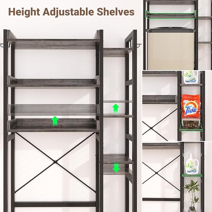 Besiost Over The Toilet Storage, 7 Tier Bathroom Organizer with Reversible Side Shelf and 2 Fabric Drawers, Adjustable Freestanding Rack Space Saver for Small Spaces, Grey Oak