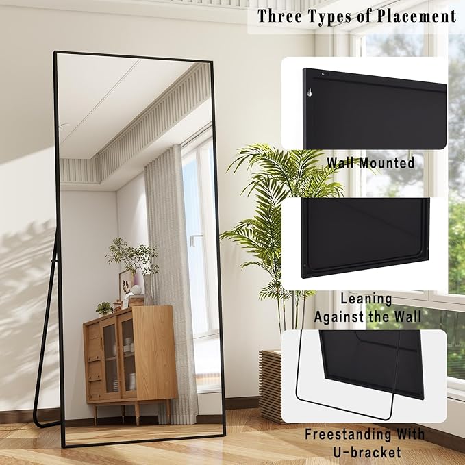 BEAUTYPEAK Full Length Mirror, 57"x18" Standing Hanging or Leaning Against Wall Floor Mirrors Body Dressing Wall-Mounted for Living Room, Bedroom with Aluminum Alloy Thin Frame, Black