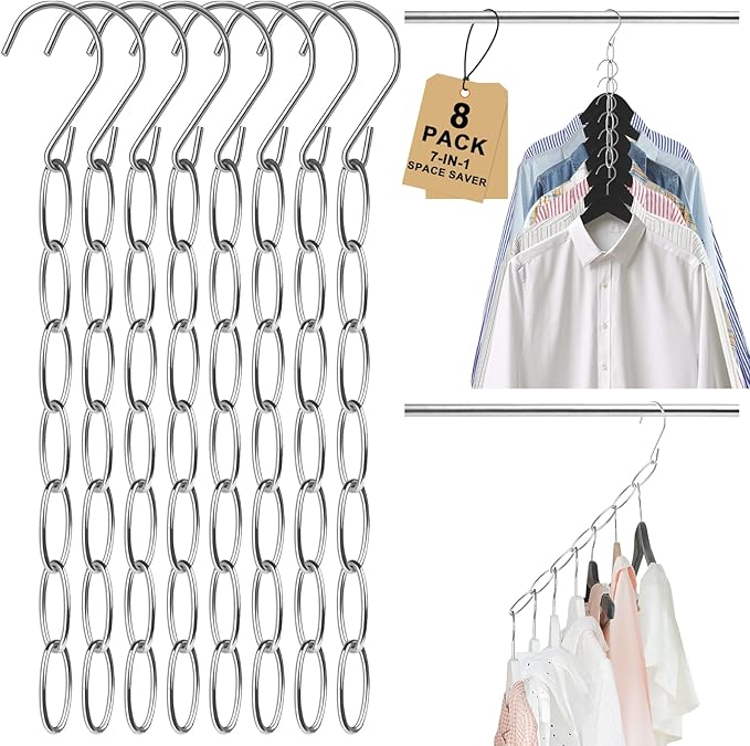 Space Saving Hangers, 8 Pack Metal Clothing Chain Hangers with 7 Holes, Closet Organizer & Cascading Hanger Organizer for Dorm, Home, RV Wrinkle Reducing, Small Space Storage Solution