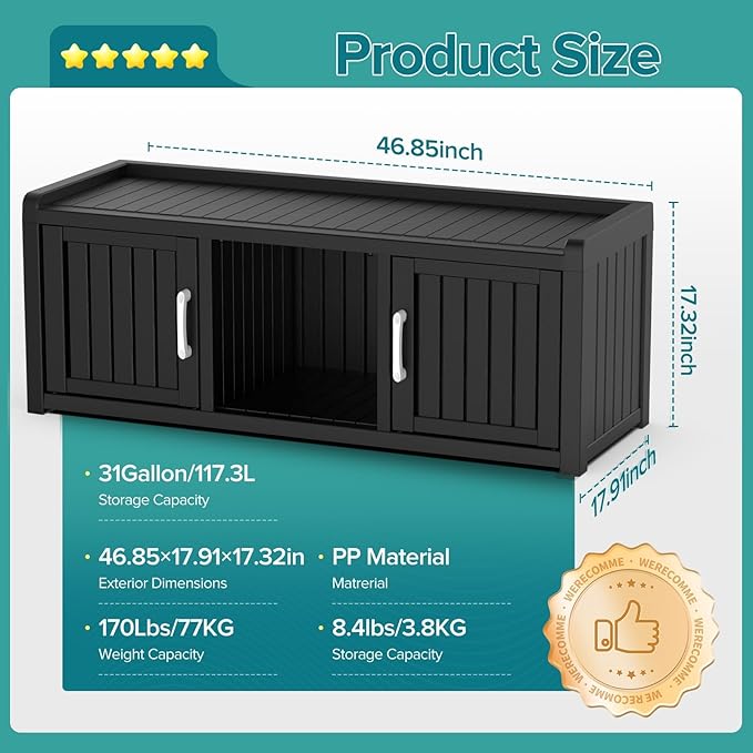 DRATO Entryway Shoe Cabinet with Bench, Waterproof Shoe Cabinet with 2 Doors and Adjustable Shelf, Resin Storage Bench for Bedroom Hallway Foyer (Black, 2 Doors)