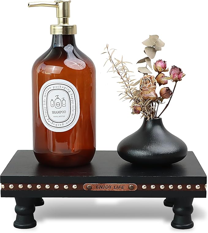 Wood Tray Pedestal Stand, Waterproof Bathroom Counter Organizer, Modern Farmhouse Riser for Soap/Candle/Sponge Black Small