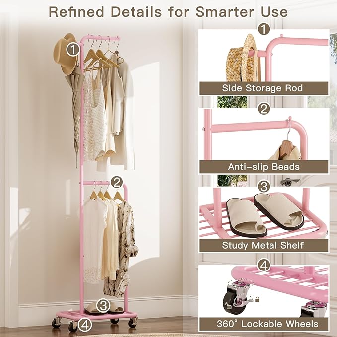 Small Clothes Rack with Wheels, 71" Portable Rolling Clothing Rack with Bottom Metal Shelf, Garment Rack with Hanging Rod, Sturdy Freestanding Coat Rack for Bedroom, Entryway, Pink