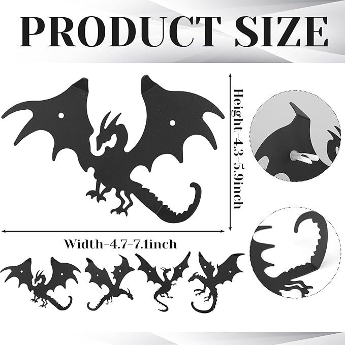4 Pcs Dragon Wall Hooks Metal Dragon Key Holder Coat Rack Decorative Hanger Matte Black Fantasy Decor for Shelves, Keys, DIY Wall Organizers, 4 Flying Designs (Classic Style)