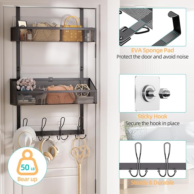 2-Tier Over Door Hook & Basket Organizer 12 Hooks + 2 Mesh Baskets for Bathroom Towels, Kitchen Pantry & Bedroom Storage, No-Drill Hanging Rack, Black