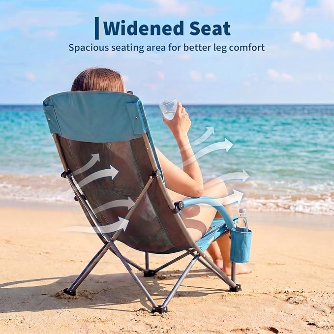 Garvee High Beach Chair 2 Pack, Folding Portable Beach Chairs for Adults, Lightweight Extra Wide Seat Chair with Cup Holder, Storage Pocket & Carry Bag for Camping, Beach, Travel