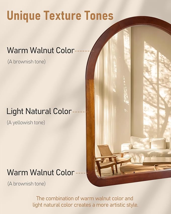 Arched Mirror 22 x 30 Inch,Brown Wood Rustic Bathroom Tempered Wall Mirror with Wood Frame,Round Corner Arch Farmhouse Wooden Vanity Mirror for Living Room,Entryway or Bedroom（Walnut Brown）