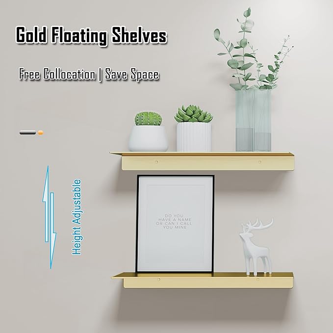 HNVNER Metal Floating Shelves, Set of 2, Brushed Gold Wall Shelves Picture Ledge, Shower Caddy Wall Mounted, Decorative Display Shelf for Bedroom, Living Room, Bathroom, Office