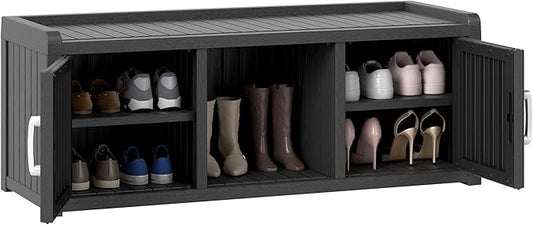 2-Tier Storage Bench, Waterproof UV-Resistant Outdoor Shoe Storage Cabinet with 2 Doors & Adjustable Shelves for Indoor Outdoor Entryway, Hallway, Living Room(Black)