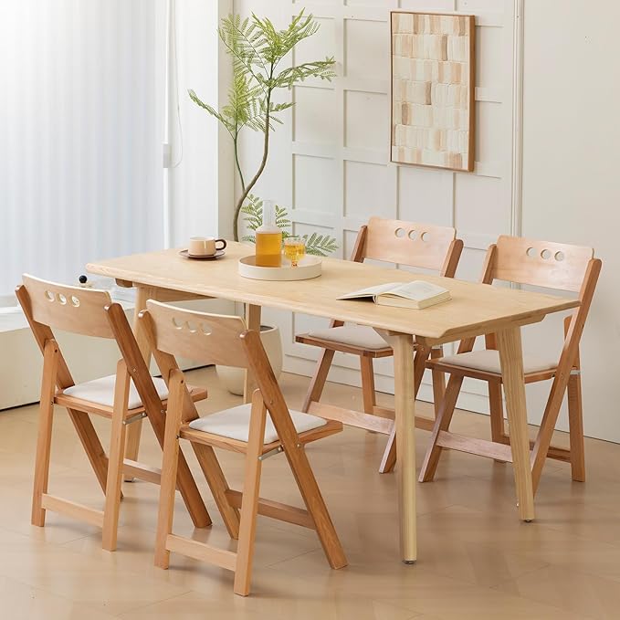 Wooden Folding Chair with Soft Cushion, Simple and Stylish, Comfortable and Durable, Suitable for Weddings, banquets and Events, 2 Sets, high backrest Natural，Linen pad