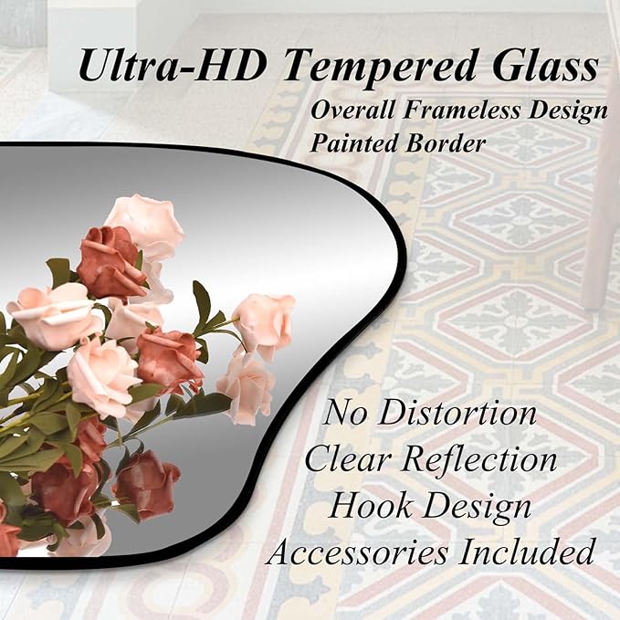 Large Irregular Mirror, 54.5"x24" Asymmetrical Tempered Glass Mirror, Modern Abstract Frameless Mirrors for Living Room Bedroom Hallway Entryway, Hangs Vertically or Horizontally