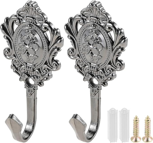 2Pcs Wall Hooks Black Pattern Carved Vintage Drapery Clothes Key Hook Bathroom Bedroom Multi-Function Decorative Hook with Screws