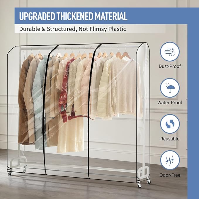 Clear Garment Rack Cover 51" L x 20" W x 60" H, Clothes Rack Cover with Reinforced Double Zippers, Waterproof PEVA Dustproof Protection – Cover Only, Rack Not Included