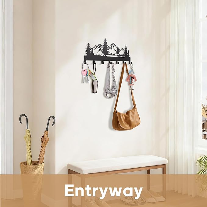 GPANDAG 2 Pack Key Holder Wall Mount with 14 Key Hooks, 12"x5.7" 20LB Metal Key Hangers for Kitchen/Living Room/Entryway/Apartment | Key Rack Hold Coat/Leash/Christmas/Home Decor | Dual Mount,Mountain
