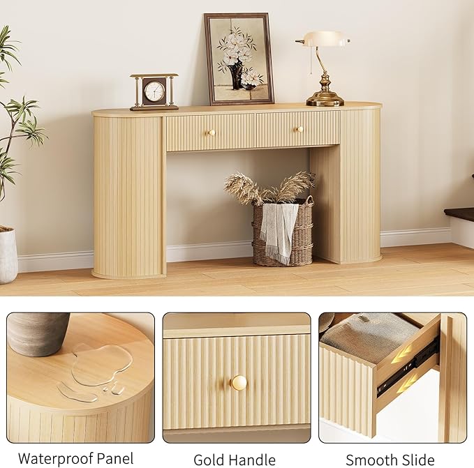 59" Fluted Console Table with 2 Drawers - Wood Entryway Table with Storage, Long Modern Sofa Tables Behind Couch with Curved Leg for Living Room, Entry, Hallway, Entrance, Foyer, Oak Natural