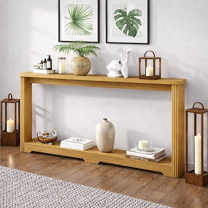 70" Extra Long Narrow Console Table, Fluted-Side Sofa Table with Open Shelf, Entryway/Hallway/Living Room Console – Natural