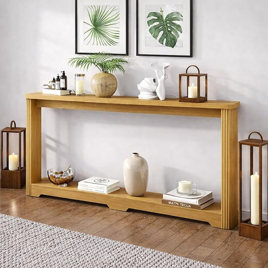 70" Extra Long Narrow Console Table, Fluted-Side Sofa Table with Open Shelf, Entryway/Hallway/Living Room Console – Natural