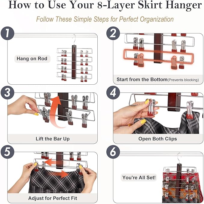 HOUSE DAY Skirt Hangers Space Saving 2 Pack, Double Row 4-Tier Non-Slip Hangers with Clips for Skirts, Shorts, and Pants - Lotus Wood Clip Hanger for Women - Closet Organizers and Storage (Mahogany)