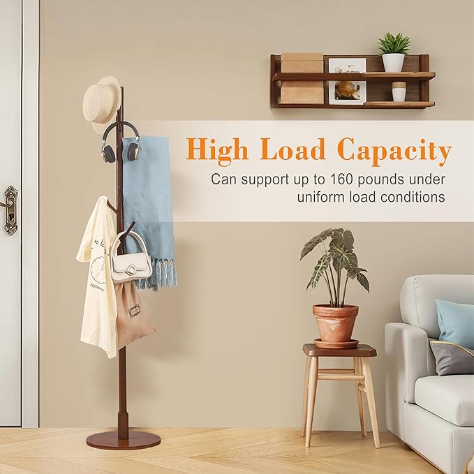 VECELO Coat Rack Freestanding, Entryway Hanger Stand, Umbrella Holder, Hall Tree With Hooks, Floor Standing Metal Tree Stand,Walnut