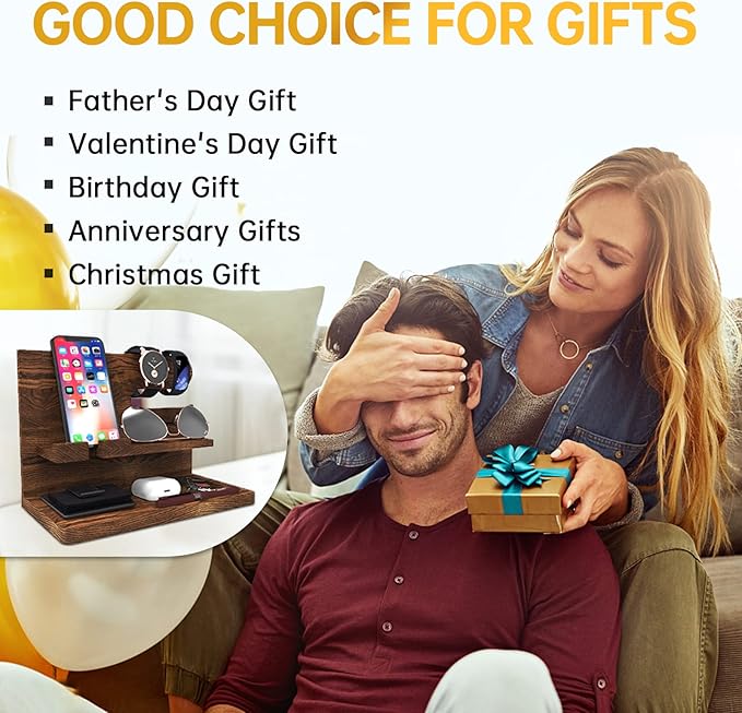 Gifts for Men Wood Phone Docking Station Birthday Gift for Men Valentines Day Gifts Father Gift for Him Boyfriend Nightstand Organizer Desktop Phone Stand