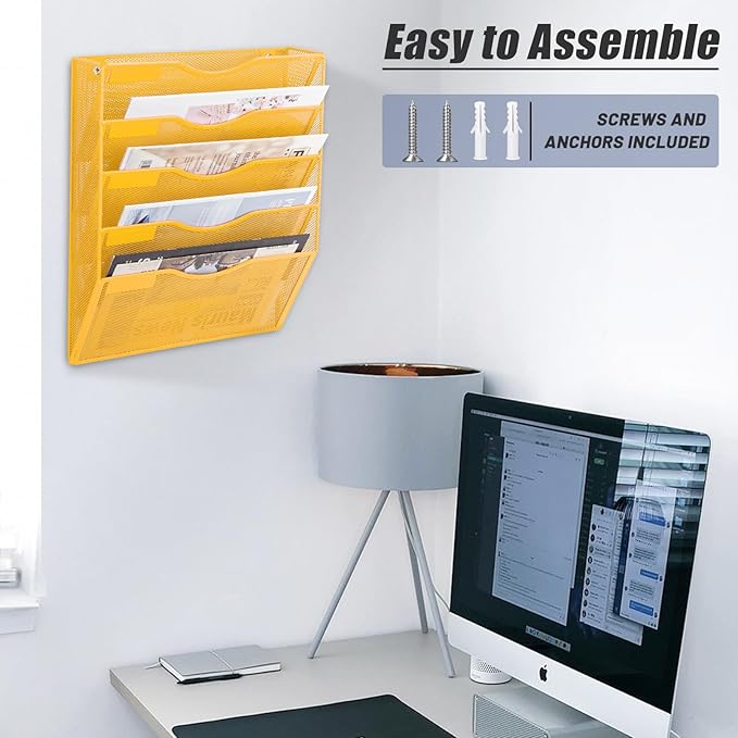EASEPRES 5 Pocket Mesh Hanging Wall File Organizer, Wall Mounted Mail Paper Document Folder Holder, Clipboard Storage Organization Magazine Rack with Nametag Label for Office Home School, Yellow