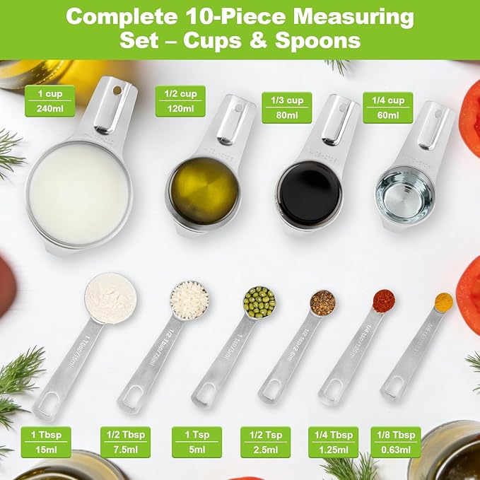 Measuring Cups and Spoons Set, 10 Piece Stainless Steel Nesting Measure Cup Includes 4 Cups & 6 Spoons, Stackable Dishwasher Safe Spoon Sets for Dry & Liquid Ingredients, Cooking & Baking Supplies