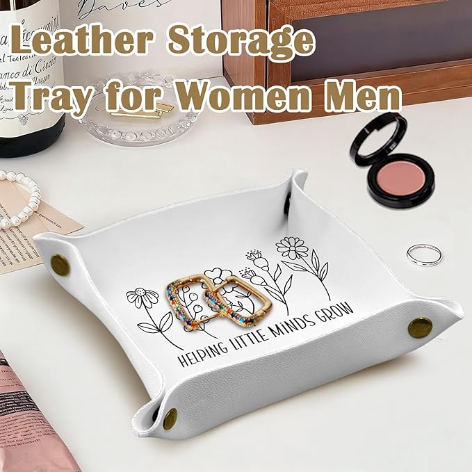 Teacher Appreciation Gifts for Women Men, Teacher Gifts PU Leather Catchall Beside Caddy Nightstand Organizer Tray for Jewelry Rings Watches and Accessories, 7.87x7.87in