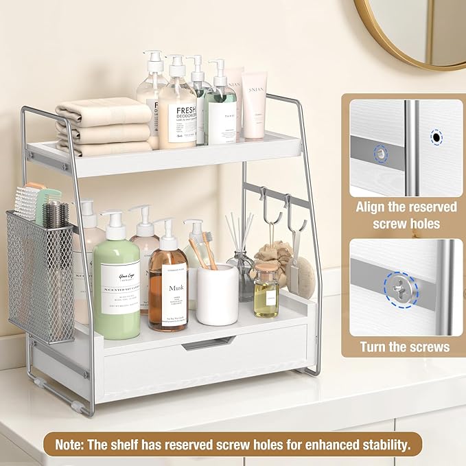 2-Tier Bathroom Counter Organizer with Drawer and Removable Basket, Wood Vanity Countertop Storage for Perfume, Makeup, Skincare, Bathroom Counter Shelf, Moisture-Resistant, Silver