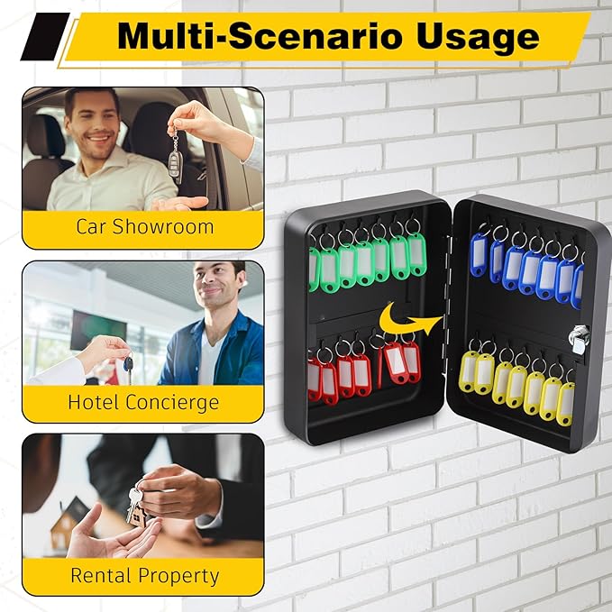 Ripeng 28-Keys Steel Key Lock Box - Wall Mount Key Cabinet with Colorful Secure Tags & Hooks Keys Organizer Storage for Home Office Hotel Rental Business Property Management, Black
