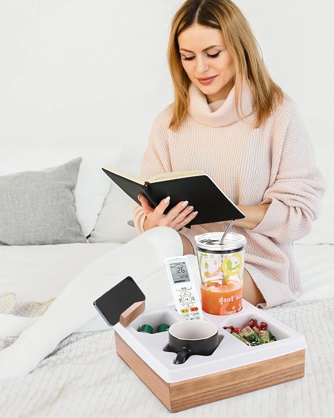 Couch Cup Holder Tray, Silicone Acacia Wooden Couch Caddy with Cup Holder for Snacks, Drinks, Remotes, Waterproof Cup Holder for Couch, Organizer, Couch Drink Holder, Pillow