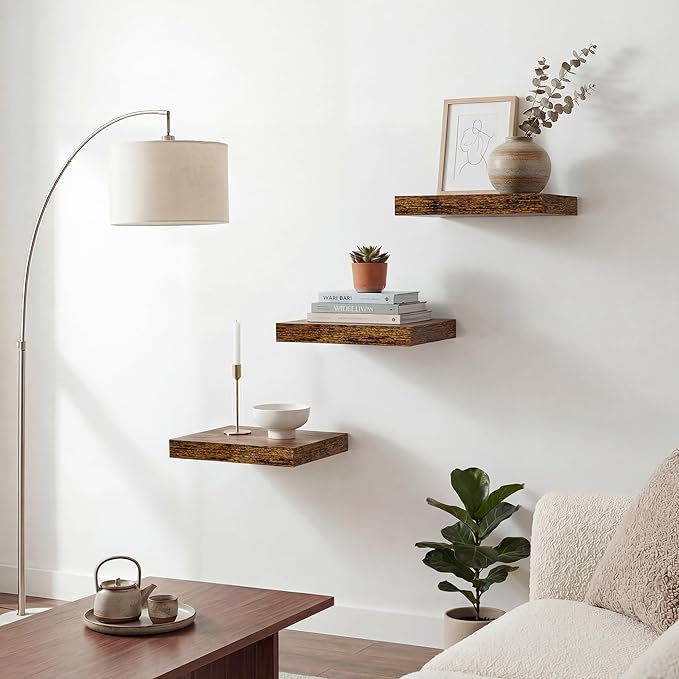 Floating Shelves for Wall 9 Inch,9.3" Deep Square Floating Shelf Set of 3,Wall Shelves Hanging Shelf with Invisible Brackets,Wall Mounted Shelf for Kitchen Living Room Bedroom Bathroom,Rustich Brown