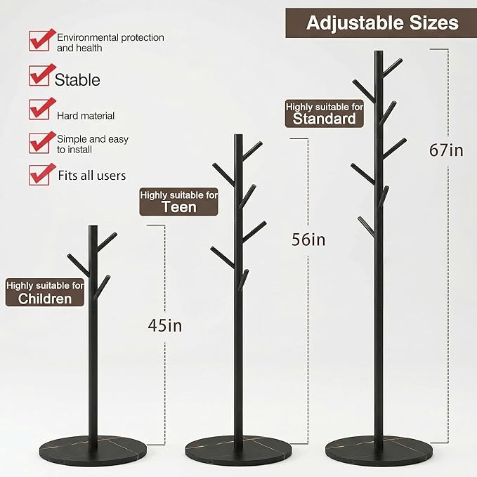 Heavy Duty Freestanding Coat Rack, Modern Hall Tree,7 Hooks, 3 Adjustable Height, Sturdy Metal Clothes hook stand with base for Entryway Bedroom Office for Coats Hats Handbags and Purses, Black