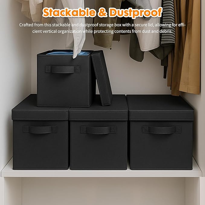 ShellKingdom Storage Bins, Foldable Fabric Storage Cubes with Lid, Clothes Storage Organizer Drawer For Closet Toys Storage, 10.5 X 10.5 X 11 INCH, 2 Pack (Black)