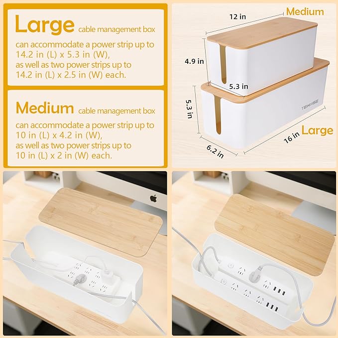 Cable Management Box 2 Pack, Cord Organizer for TV Cables Computer Wires, Under Desk Cord Hider with Bamboo Lid, Large Power Strip Cover for Home Office Router USB Hub, Child Proof Pet Proof - White