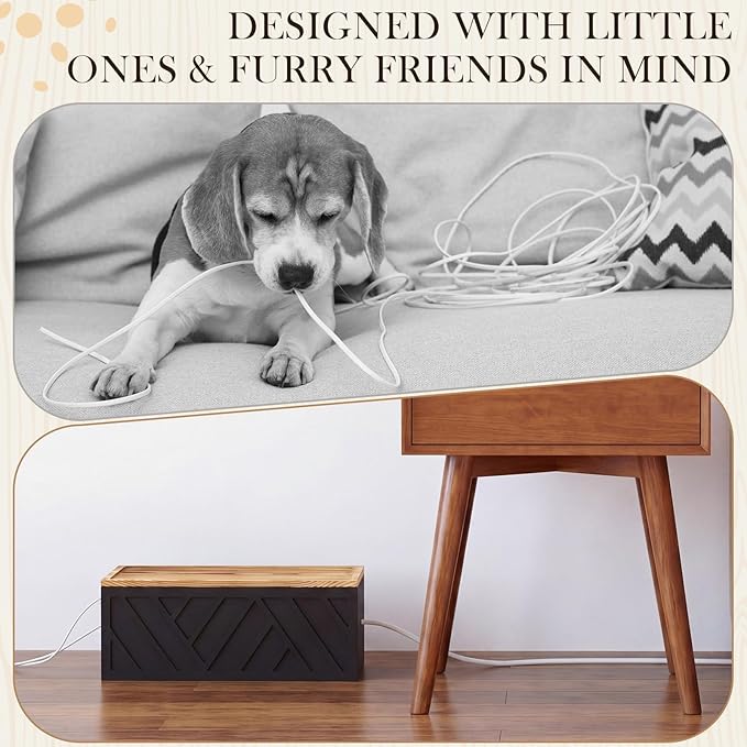 Chunful Large Cable Management Box, Wooden Cord Organizer Box for Desk, Floor, Office to Hide Extension Cords Power Stripes Surge Protectors Chargers Wires, Black, 15" L x 6.1" W x 5.3" H