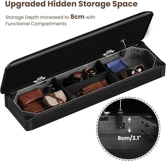 LBT Shoe Bench with Storage, Solid Rubberwood Shoe Storage Bench with Cushion, 2-Tier Shoe Rack for Entryway, Shoe Rack Bench with Deep Hidden Compartment and Stay-Open Hinge, 550lb Capacity Black