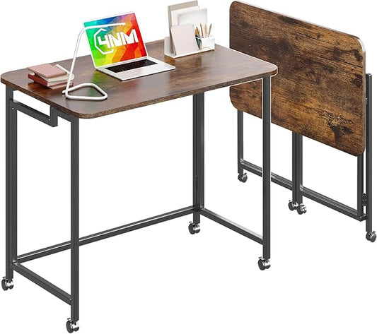 4NM 27.5" Mobile Small Rolling Computer Desk, Folding Laptop Cart Table with Wheels, Portable Office Desk for Small Space Couch Bed - Rustic Brown and Black