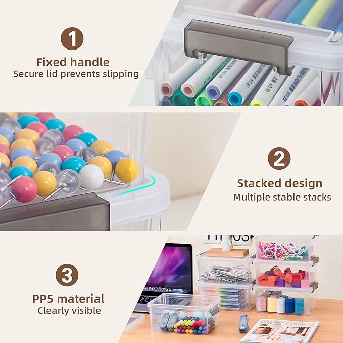Small Storage Bins with Lids 3.2 QT Plastic Storage Containers for Organizing Stackable Clear Storage Boxes,Clear White(6 Packs)