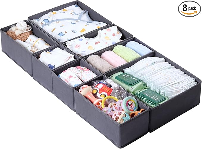 8 Pack Drawer Organizer for Baby Clothes, Foldable & Washable Bins - Perfect for Nursery & Dresser Organization, Grey - Durable Storage Solution for Baby Essentials, Socks,