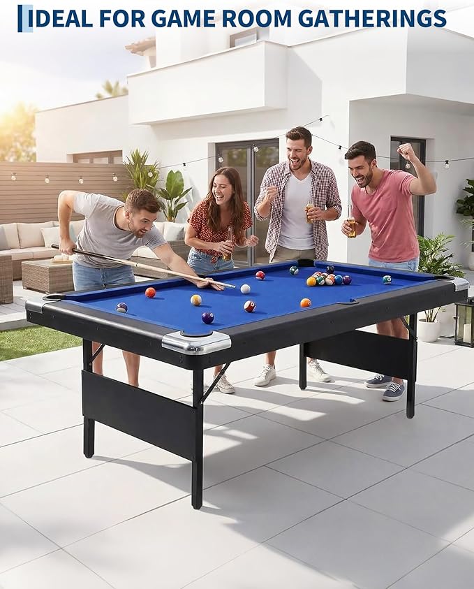 7 Foot Pool Table for Family, Foldable No Assembly Pool Table with Balls, Cues, Chalk, Rack & Brush, Portable Billiards Game Table for Apartment, Basement, Office & Game Room