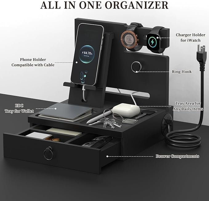 upcessory Nightstand Organizer, Wood Bedside Organizer Docking Station with USB Ports and Outlets, Gifts for Men, Nightstand Drawer Organizer for Cellphone, Watch, Sunglasses & Accessorie