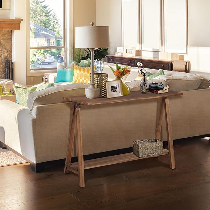 Farmhouse Console Tables for Living Room, 43.3" Solid Wood 2-Tier Sofa Table, Rustic Hallway Table for Entryway, Natural