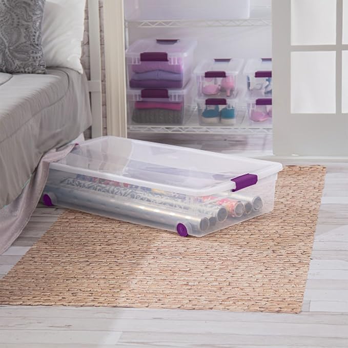 Sterilite 12-Pack ClearView Latch Box, Wheeled Underbed Organizer Bins for Home, 60 Quart