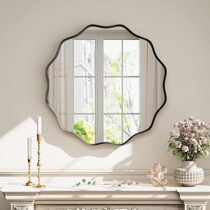 Round Wavy Mirror - 30 Inch Metal Frame Round Mirrors Wavy Edge Circle Mirror for Bathroom Bedroom Living Room Entryway Black