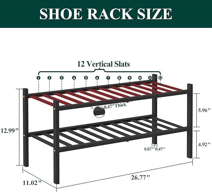 Smiry Bamboo Shoe Rack, 2 Tier Free Standing Wooden Shoe Organizer, Stackable Wood Shoe Storage Shelf for Closet, Entryway, 12 Vertical Slats, One-piece Standard Legs, 26.8"x11"x13", Black