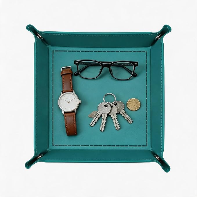 Valet Tray Desktop Storage Organizer – Vegan Leather Catchall Tray Bedside Vanity Tray Nightstand Caddy Holder for Remote Controller, Watch, Keys, Phone, Wallet, Coin, Jewelry, Turquoise