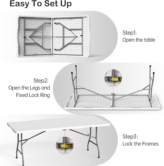 VSOAEIL Folding Table 6 Foot for Indoor Outdoor, Portable Heavy Duty Fold-in-Half Utility Plastic Foldable Dining Table with Carrying Handle for Picnic, Camping and Party, White